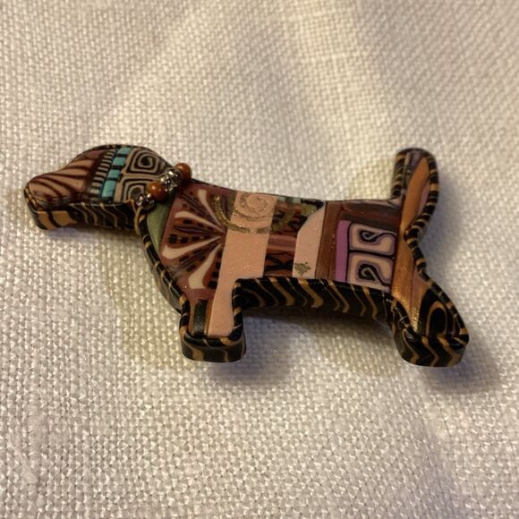 Folk Art Handmade Wooden Looking Dog Broach Pin Arts & Crafts Style Fancy Collar - Picture 4 of 11